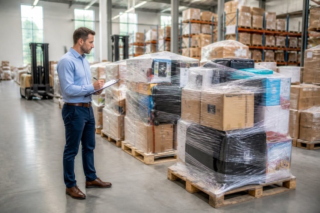 A person inspecting pallets of boxed goods in a warehouse filled with shelves and forklifts.