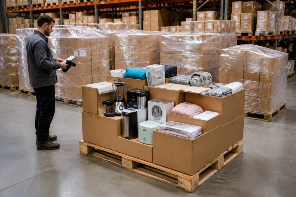 A warehouse worker inspects pallets of assorted boxed merchandise in an organized distribution facility.