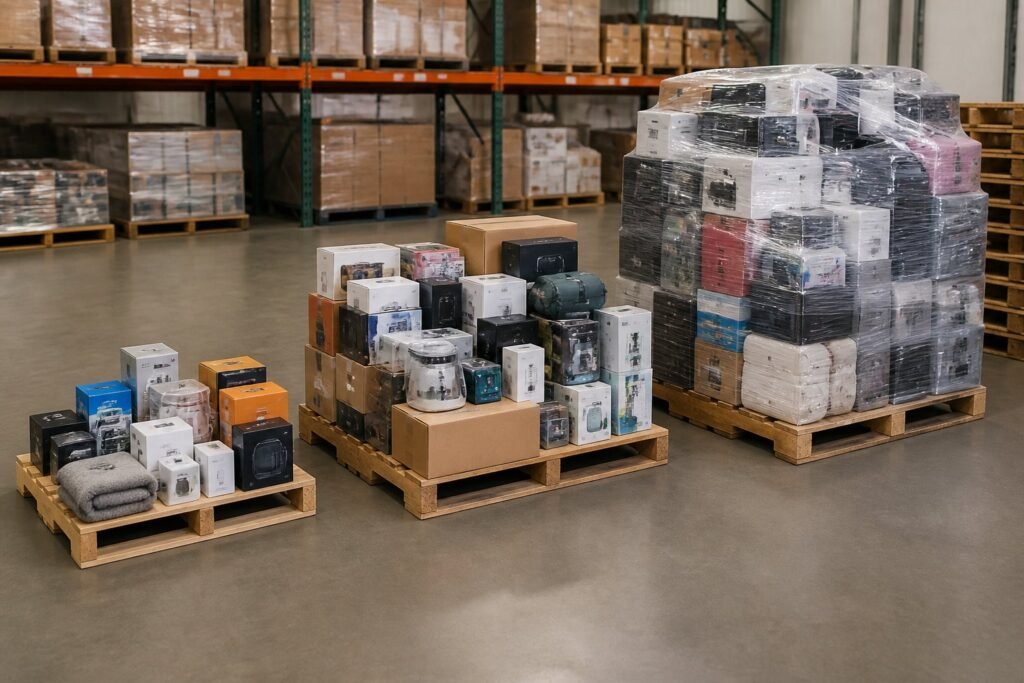 Organized liquidation pallets with varying quantities of boxed consumer goods in a warehouse.