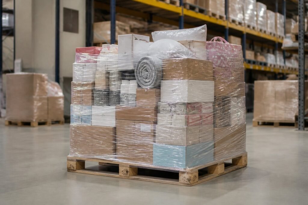 A wrapped pallet of assorted boxed merchandise in a clean warehouse.