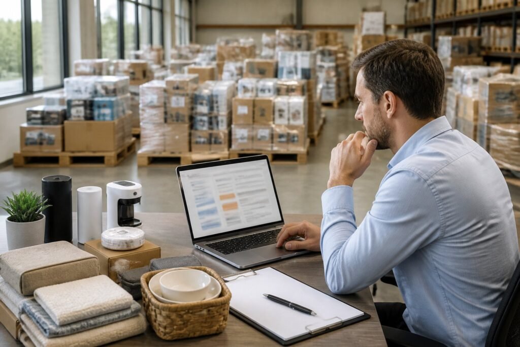 A business professional evaluates assorted pallet merchandise at a desk inside an organized warehouse.