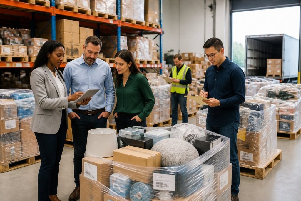 Business professionals evaluate organized pallets of merchandise in a warehouse.