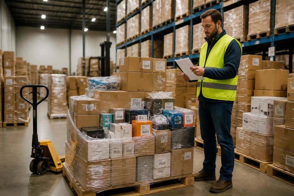 A warehouse buyer inspects assorted products on liquidation pallets in an organized distribution center.