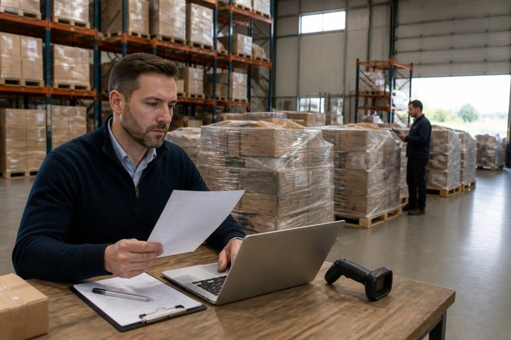 A business buyer reviews shipment information beside organized pallets of boxed merchandise in a warehouse.