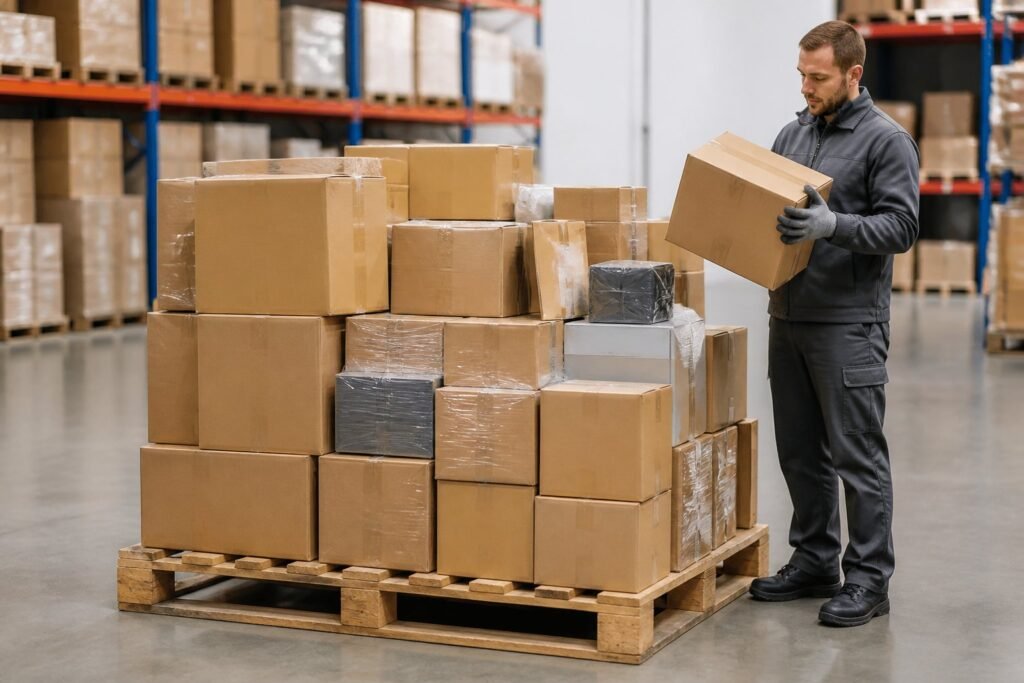A warehouse worker examines a pallet of sealed cardboard boxes.