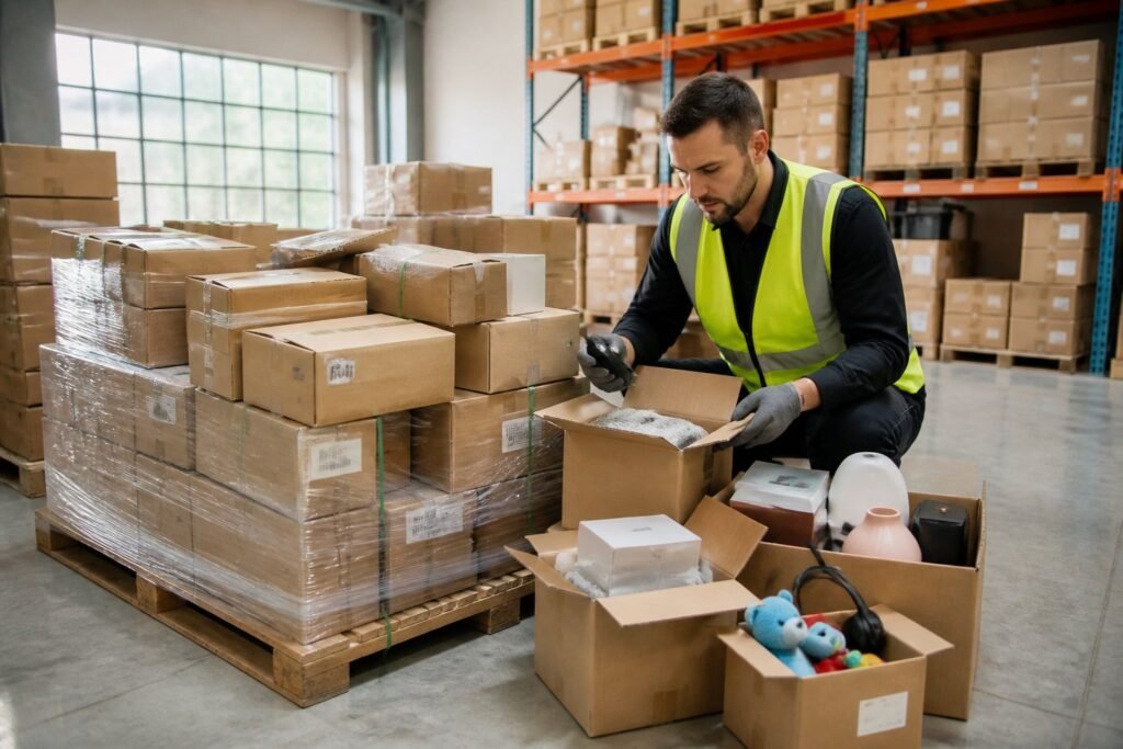 A worker inspects assorted sealed packages stacked on a wooden pallet in a warehouse.