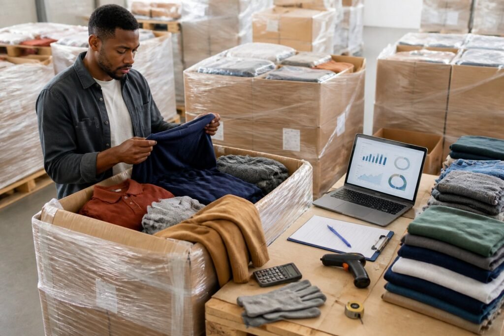 A warehouse buyer inspects clothing pallets using a checklist, barcode scanner, and inventory supplies.