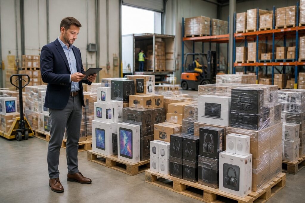 A warehouse buyer inspects pallets of assorted consumer electronics.