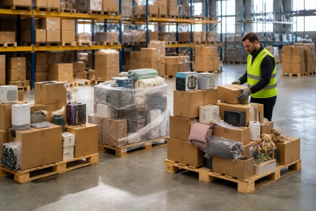 Mixed merchandise pallets with assorted boxed consumer goods in an organized warehouse.