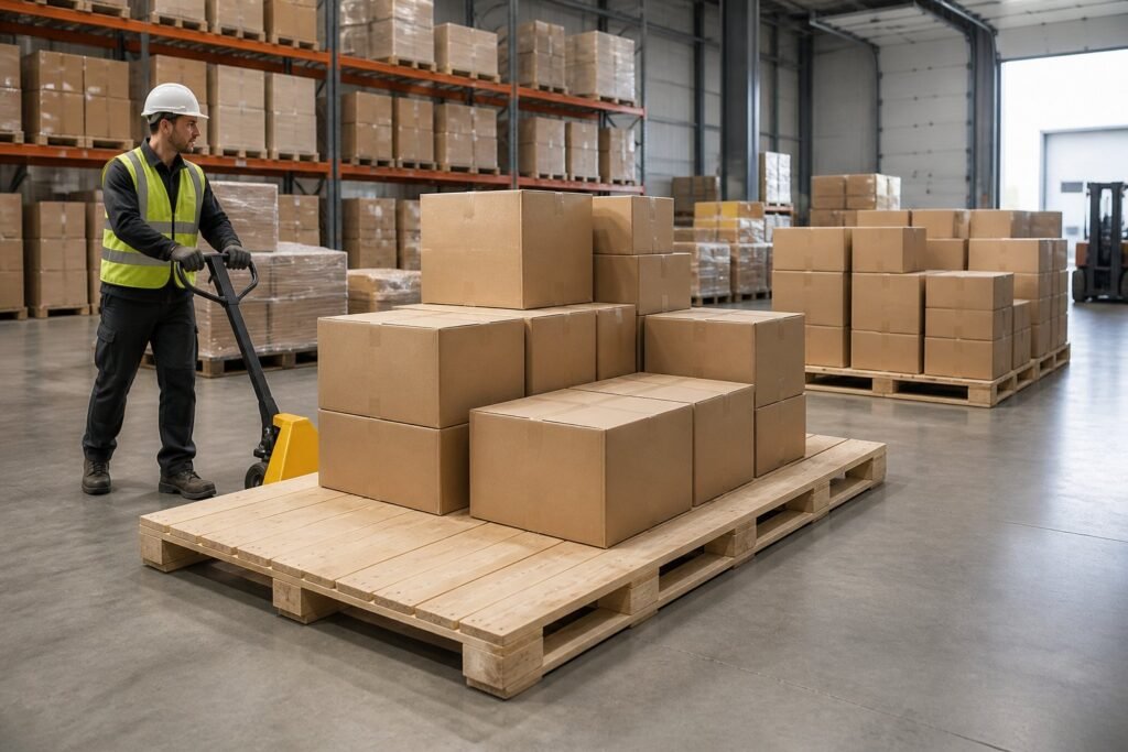 Warehouse worker inspecting large wooden pallets loaded with cardboard boxes.