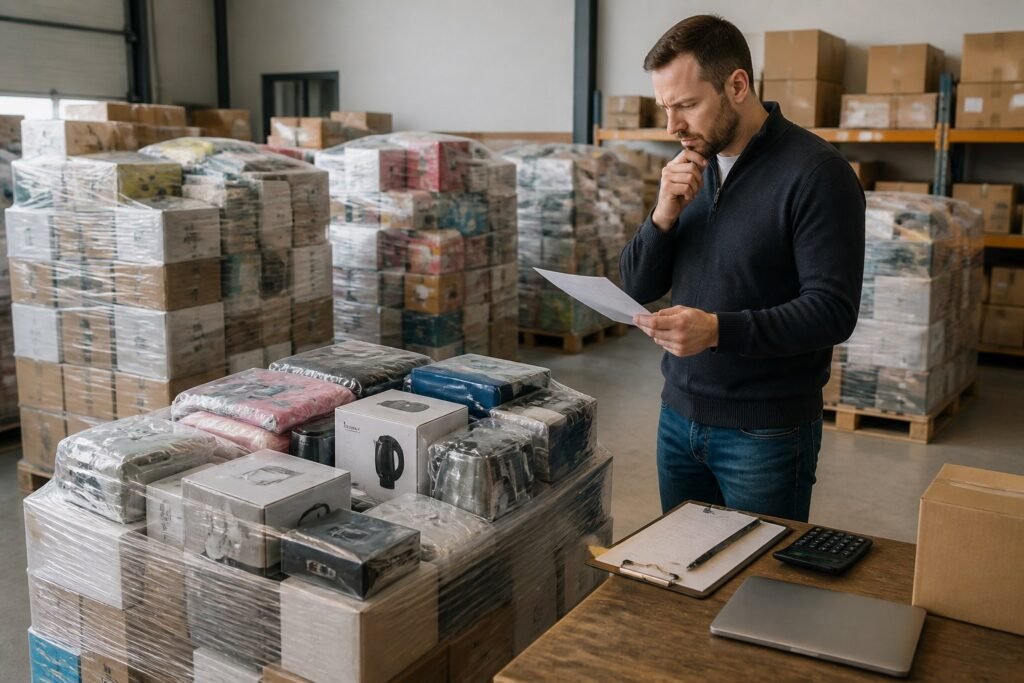 A shopper examines wrapped liquidation pallets and paperwork in an organized warehouse.