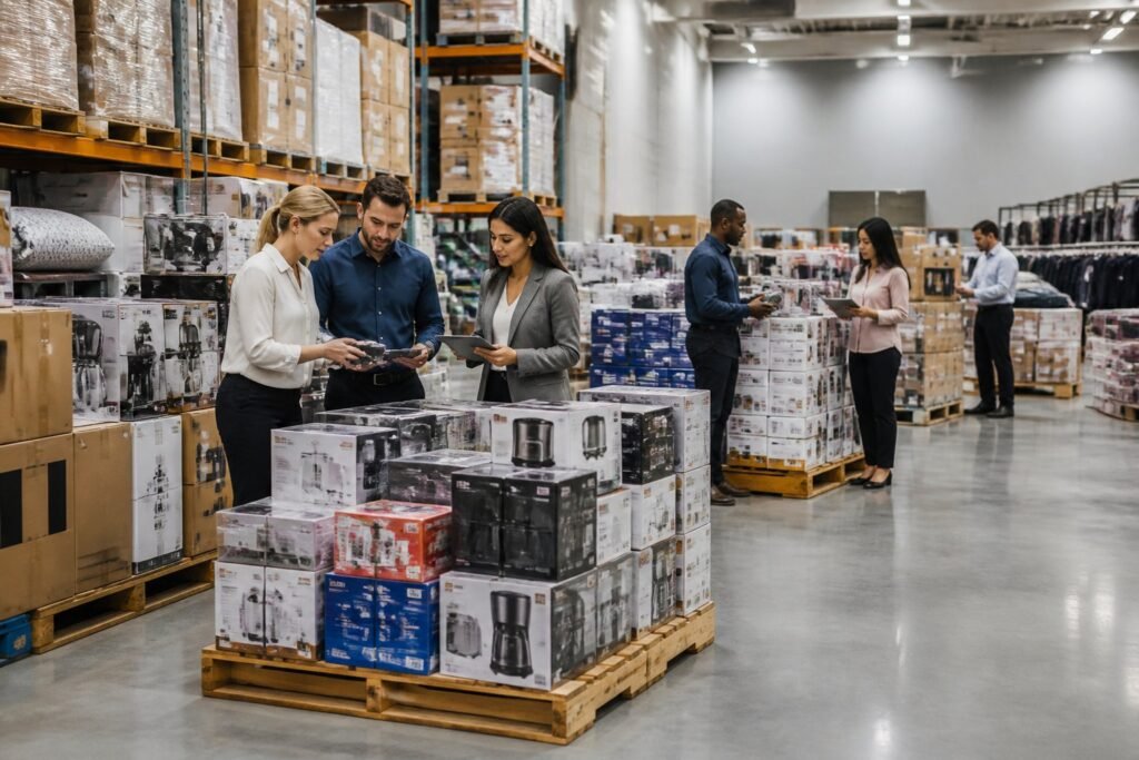 Business buyers inspect organized pallets and boxed merchandise in a bright liquidation warehouse.