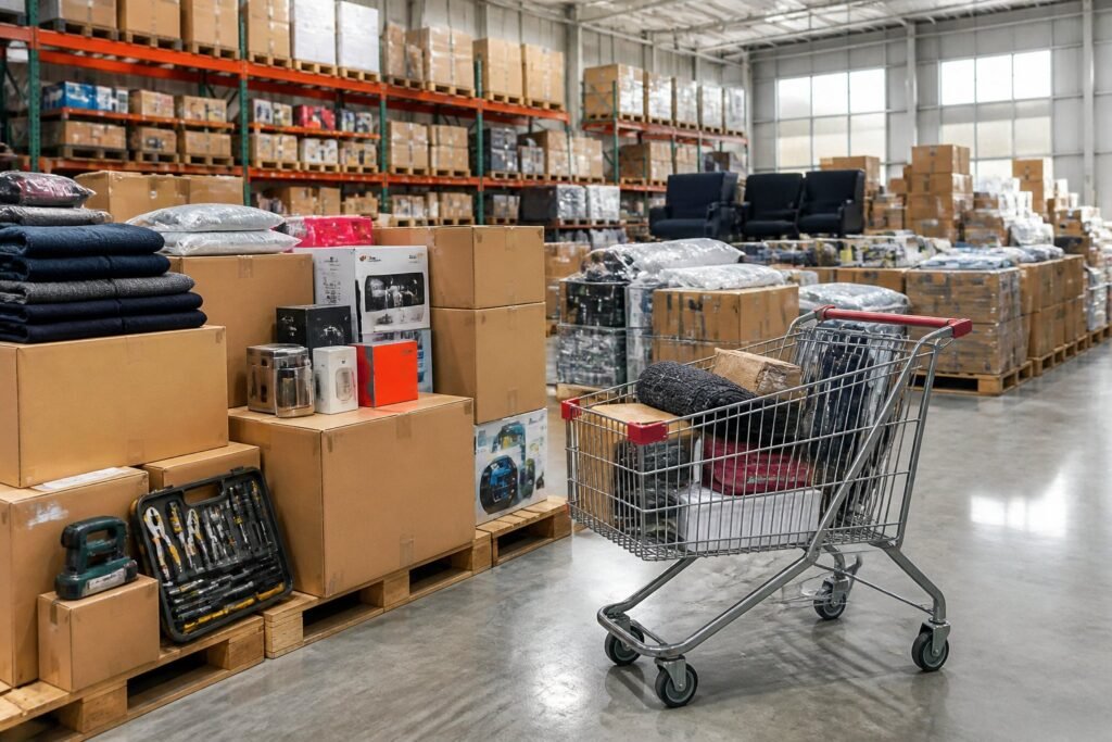 Organized warehouse with pallets, shipping boxes, and assorted liquidation merchandise.