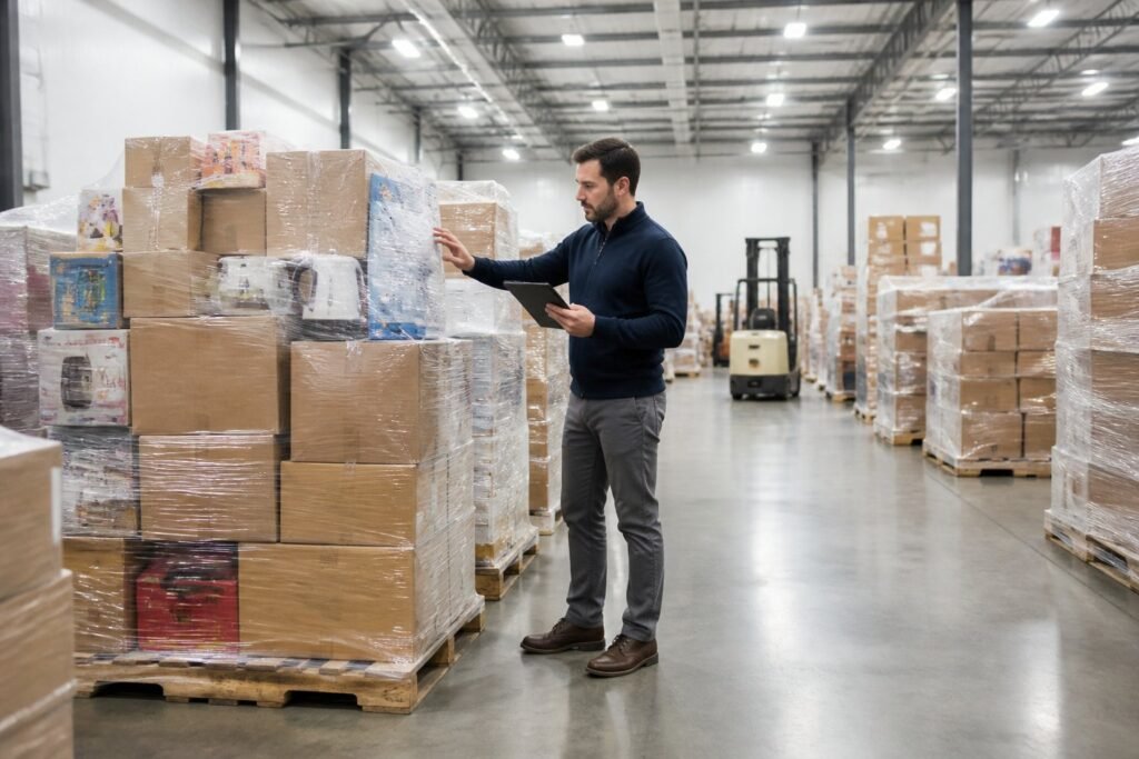 A buyer inspects boxed merchandise on wooden pallets inside a large warehouse.