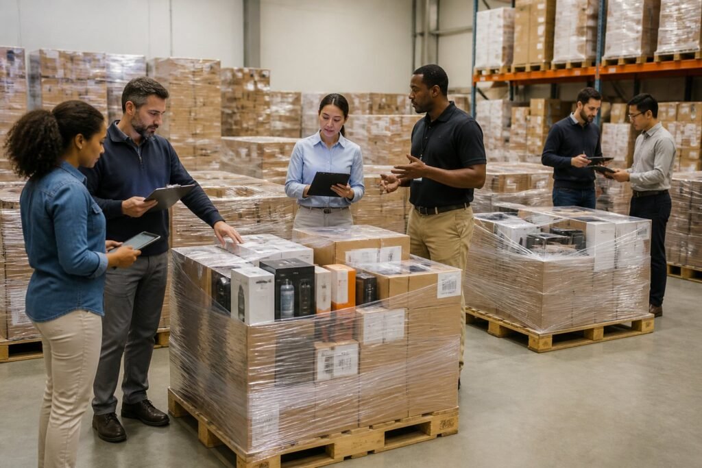 Business buyers inspect shrink-wrapped pallets of boxed merchandise in an organized warehouse.