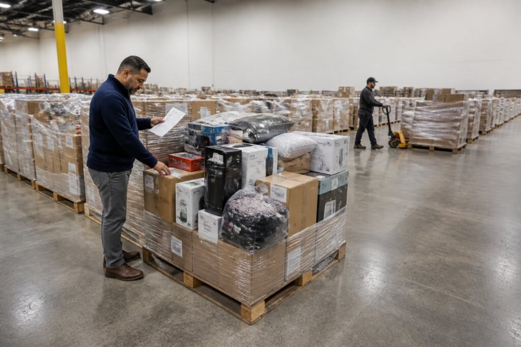 A buyer inspects a pallet of assorted returned merchandise inside a warehouse while another worker operates a pallet jack nearby.