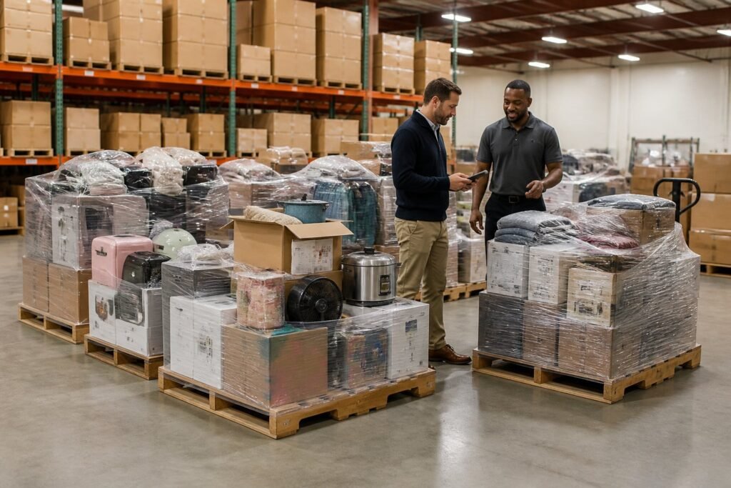 A shopper examines merchandise stacked on pallets inside a liquidation warehouse.