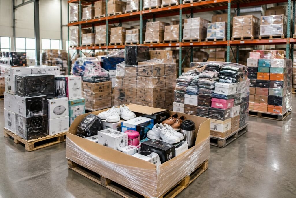 Several pallets of assorted consumer goods arranged in an organized warehouse.