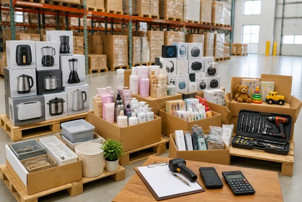 Organized liquidation pallets filled with assorted consumer products in a warehouse.
