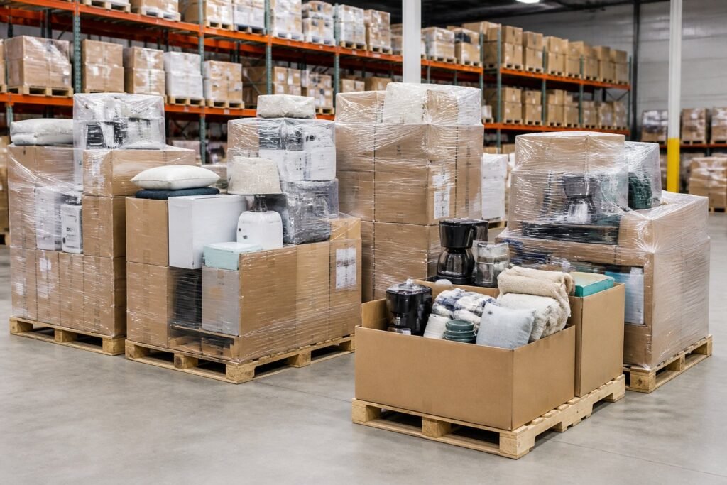 Wooden pallets filled with assorted boxed merchandise in a warehouse.