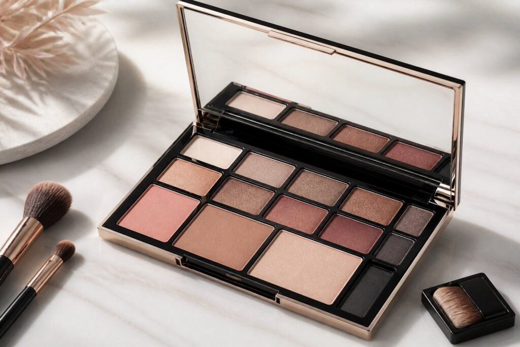 An open cosmetics palette with multiple makeup shades, a mirror, and brushes arranged on a clean surface.