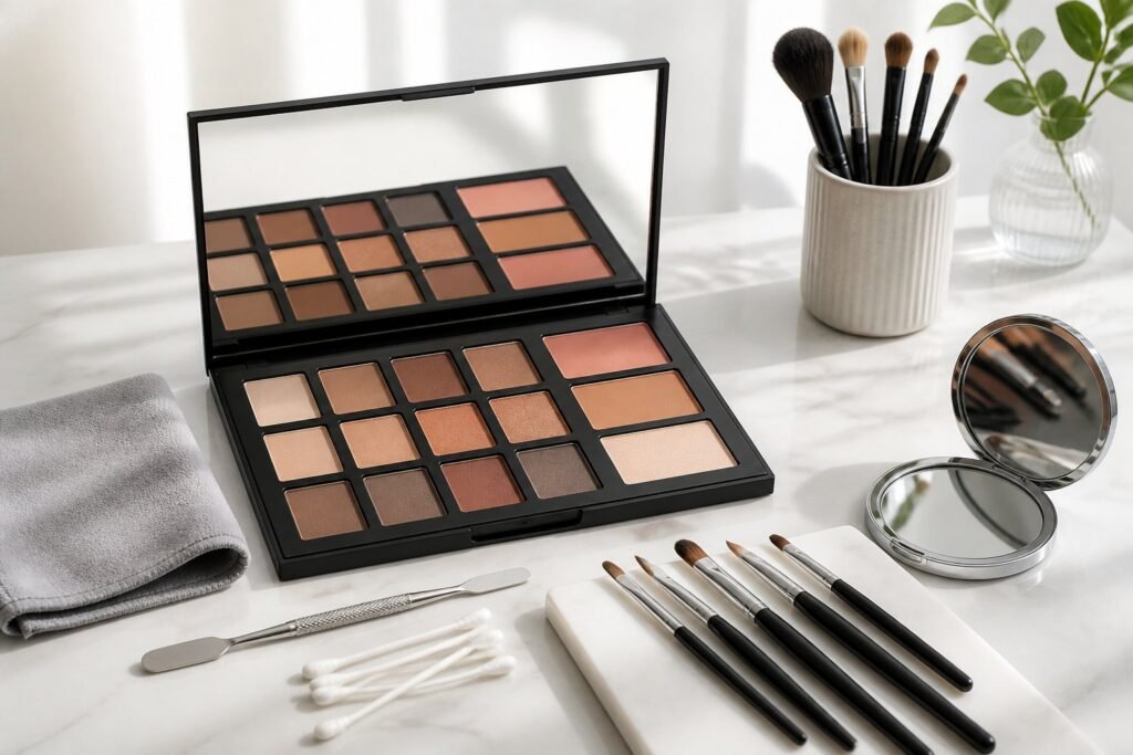 An open cosmetics palette arranged neatly with makeup brushes and cleaning tools on a bright tabletop.
