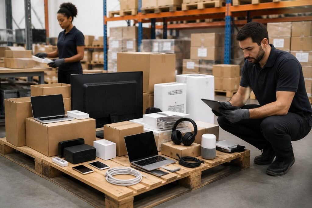 Workers inspect and organize assorted electronics on a pallet in a warehouse.