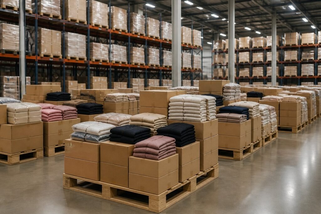 Pallets of boxed and folded clothing arranged in a bright warehouse.