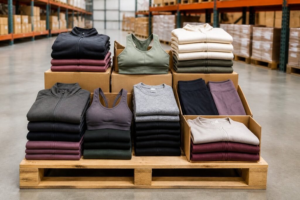 A neatly organized pallet of folded athletic clothing and cardboard boxes in a warehouse.