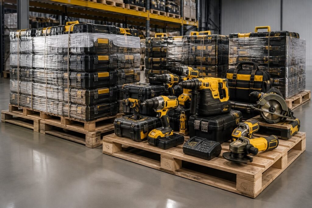 Pallets stacked with yellow-and-black power tools in a warehouse.