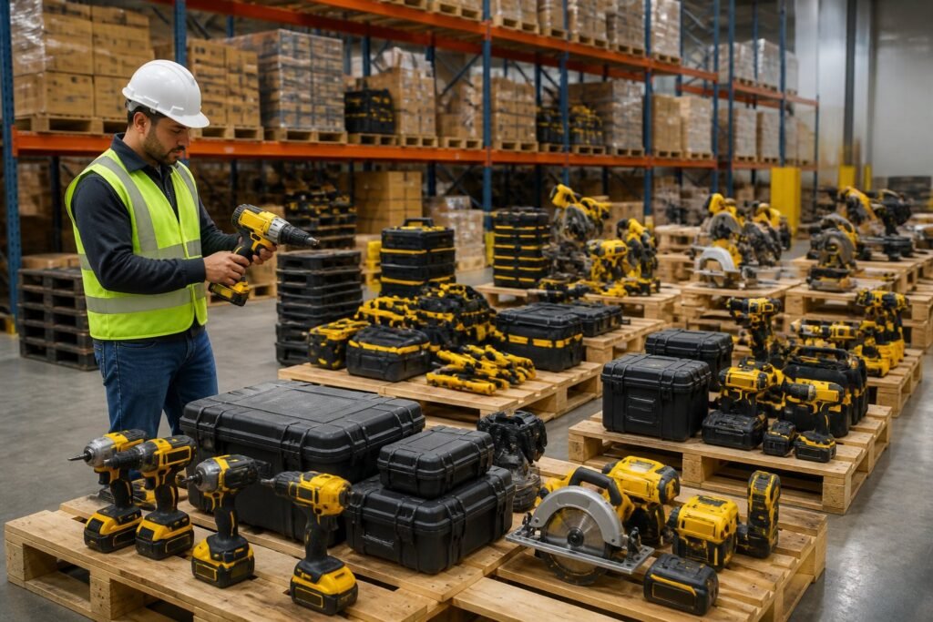 A warehouse worker evaluates pallets loaded with assorted power tools and equipment.