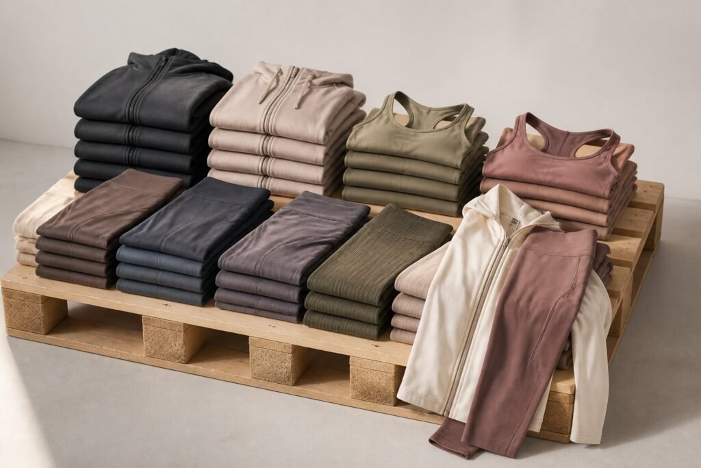 A neatly arranged pallet holding stacks of yoga and athletic clothing.