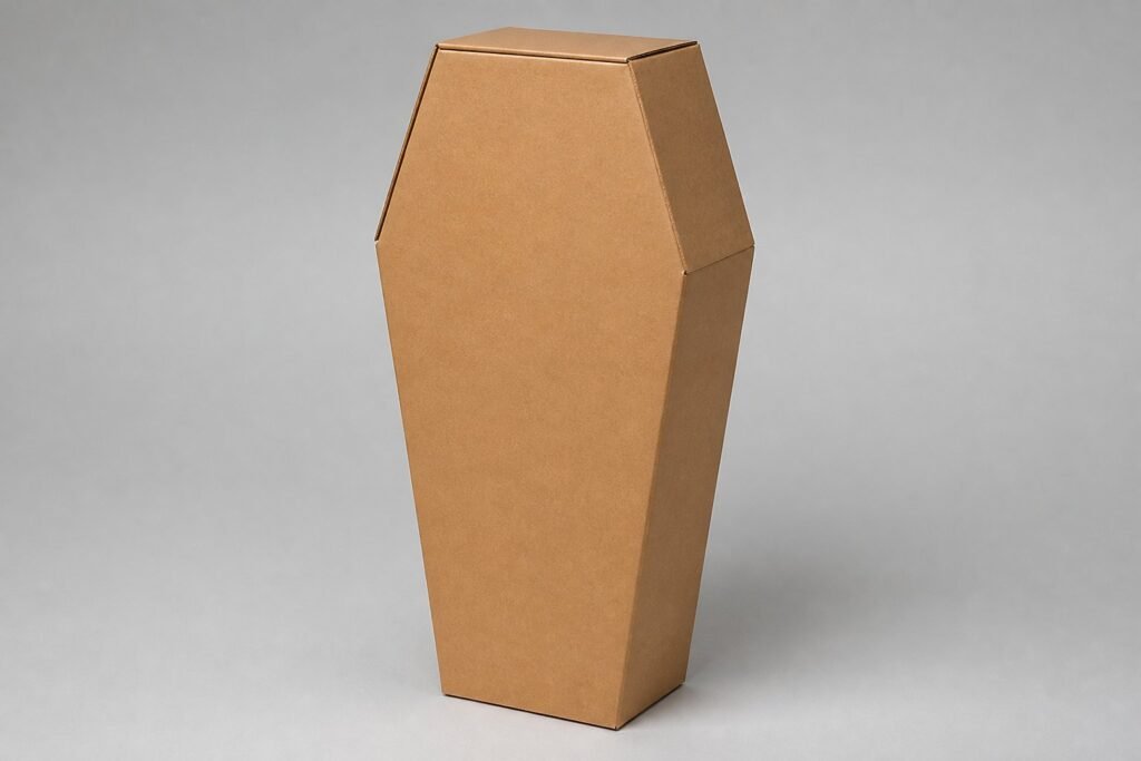 A plain coffin-shaped cardboard shipping box standing on a neutral studio floor.