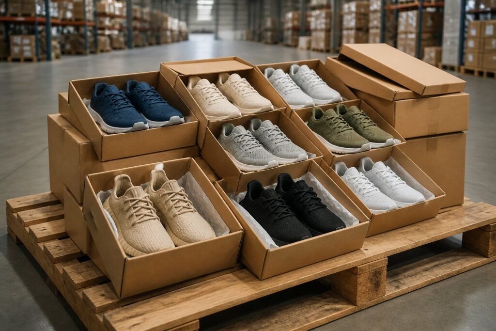 A wooden pallet holding cartons filled with athletic sneakers in a warehouse.