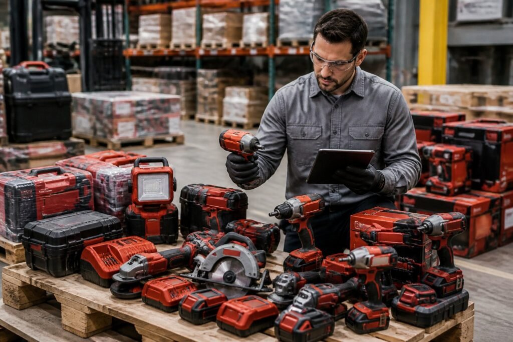 A warehouse worker inspects a pallet of cordless power tools and accessories for resale.