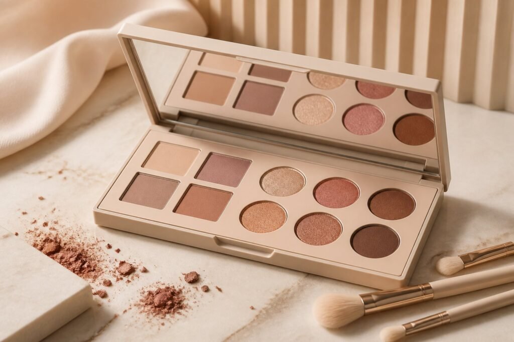 An open luxury makeup palette with neutral eyeshadows and makeup brushes on a light surface.