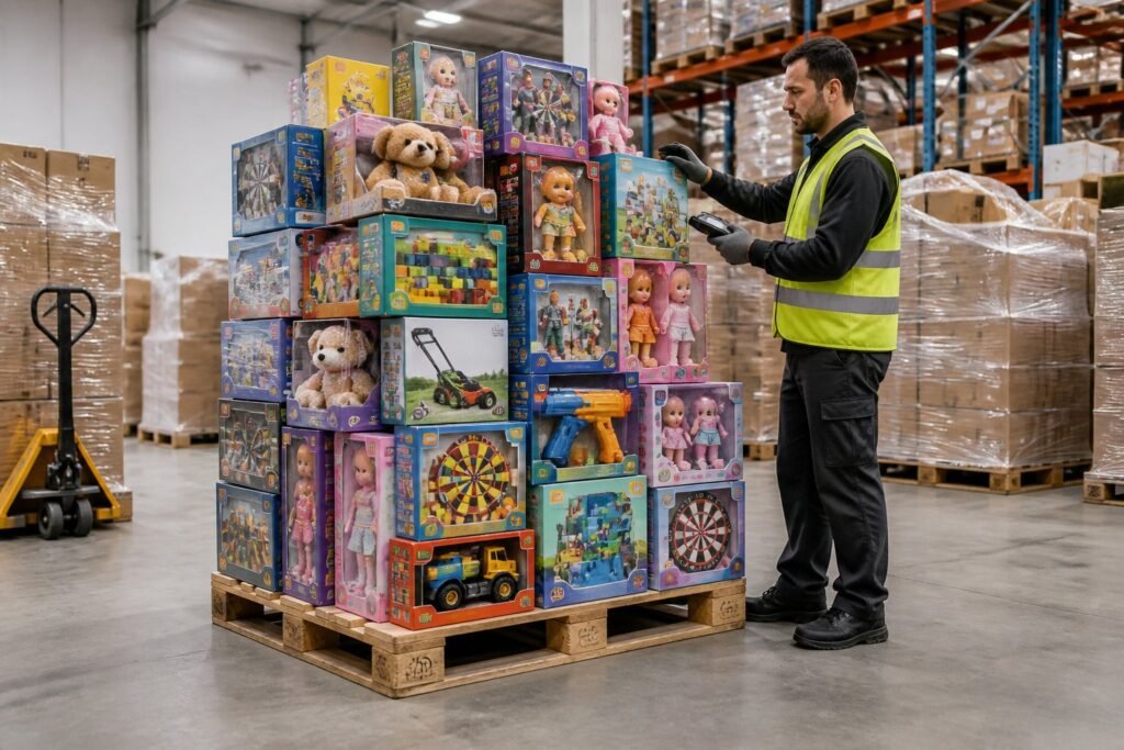 A warehouse worker inspects a pallet loaded with assorted boxed toys.