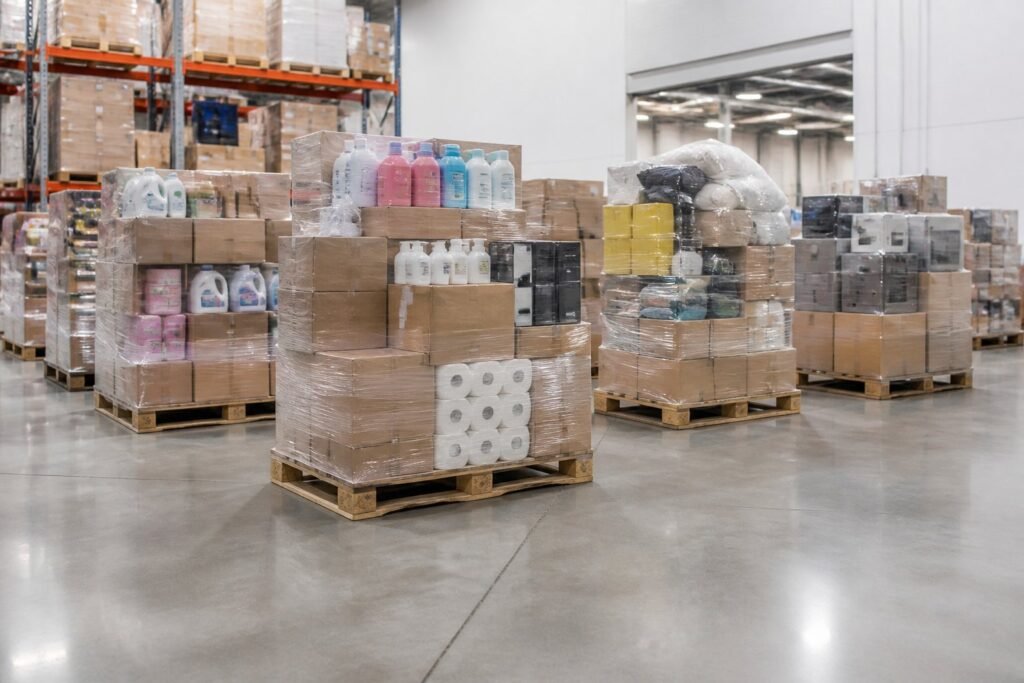 Stacked pallets of assorted general merchandise in a clean warehouse.