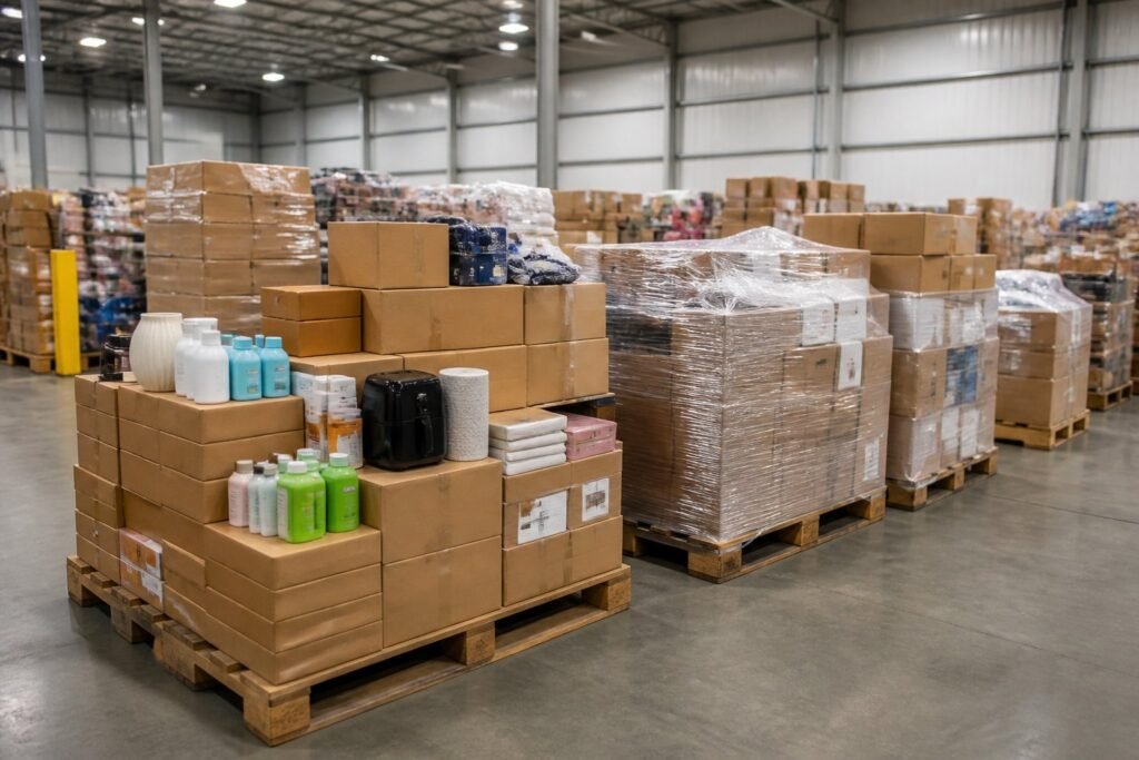 Organized pallets of assorted boxed merchandise in a spacious warehouse.