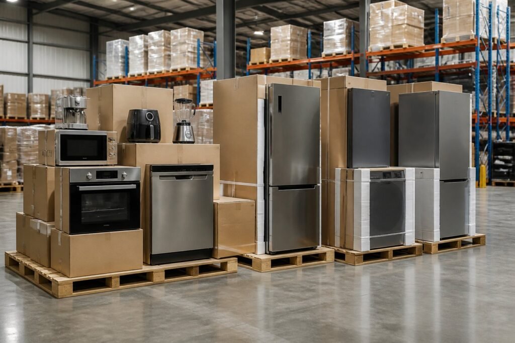 Wooden pallets loaded with boxed kitchen appliances in an organized warehouse.