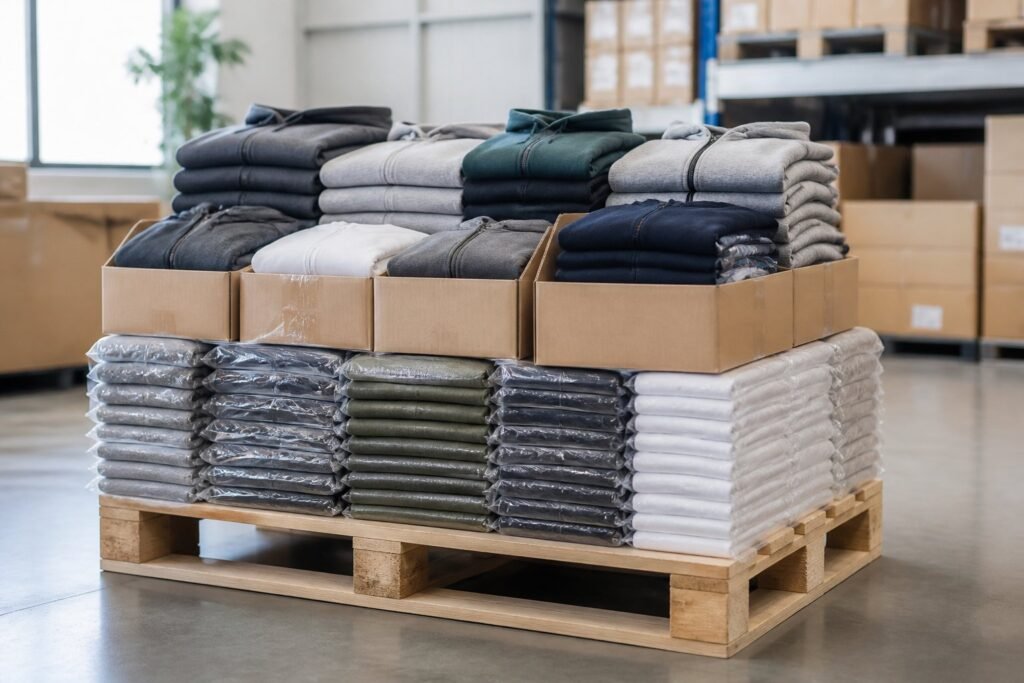 A wooden pallet stacked with neatly folded athletic clothing in a clean warehouse.