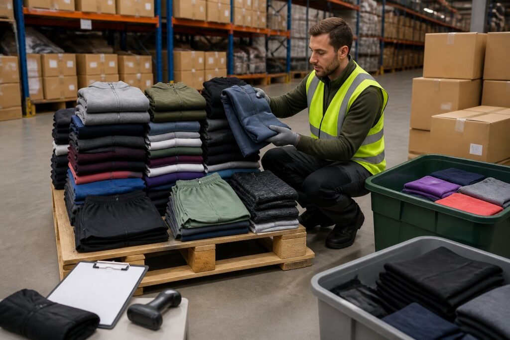 A warehouse worker inspects neatly folded athletic clothing stacked on a pallet.