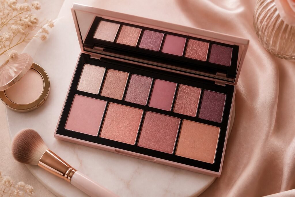 An open makeup palette with coordinated pink, nude, mauve, and plum shades beside a makeup brush on a pale surface.