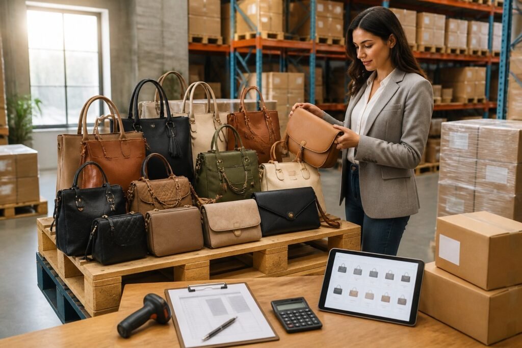 A business manager reviews a pallet of assorted handbags in an organized warehouse.