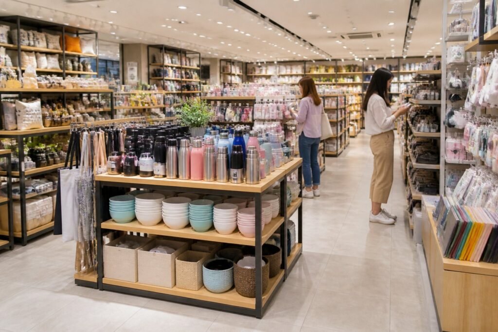 A clean retail store with organized shelves displaying a variety of everyday merchandise.