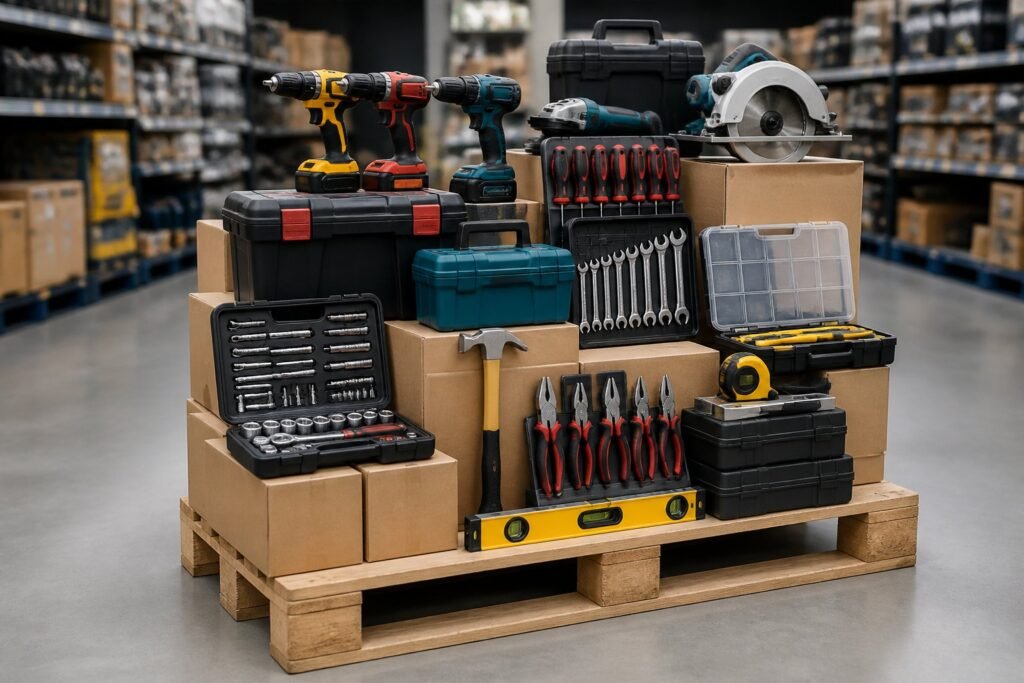 A pallet stacked with assorted hand tools and power tools in a hardware store.