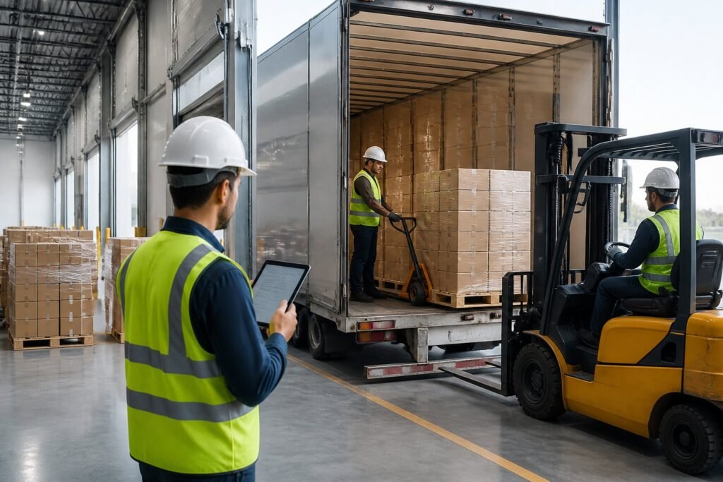 Workers efficiently load many organized cardboard boxes into a delivery trailer at a warehouse.