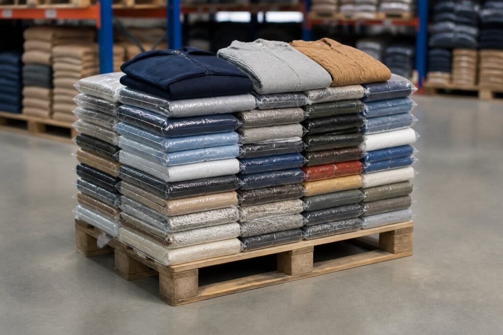 A pallet neatly stacked with folded and packaged clothing in a clean warehouse.