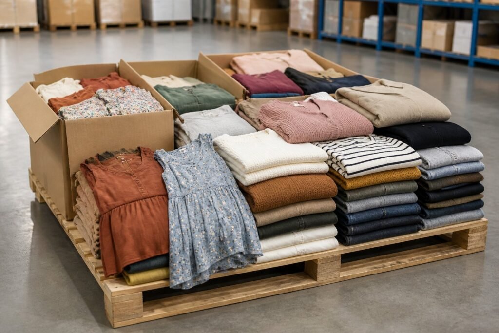 A wooden pallet loaded with neatly folded assorted women’s clothing in a clean warehouse.