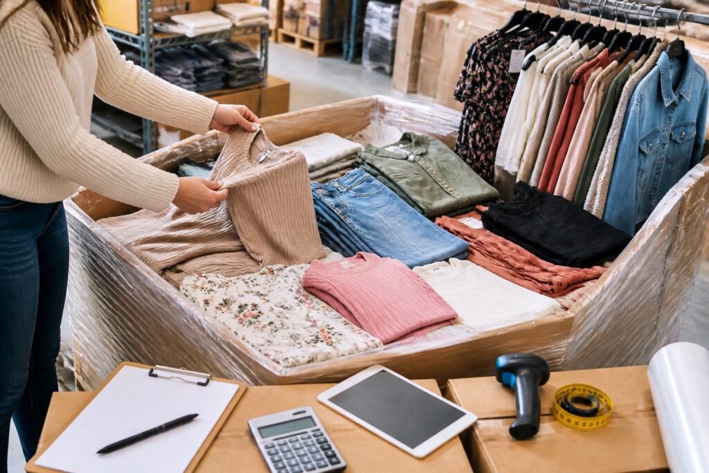 A person inspects assorted clothing from an open pallet in an organized workspace.